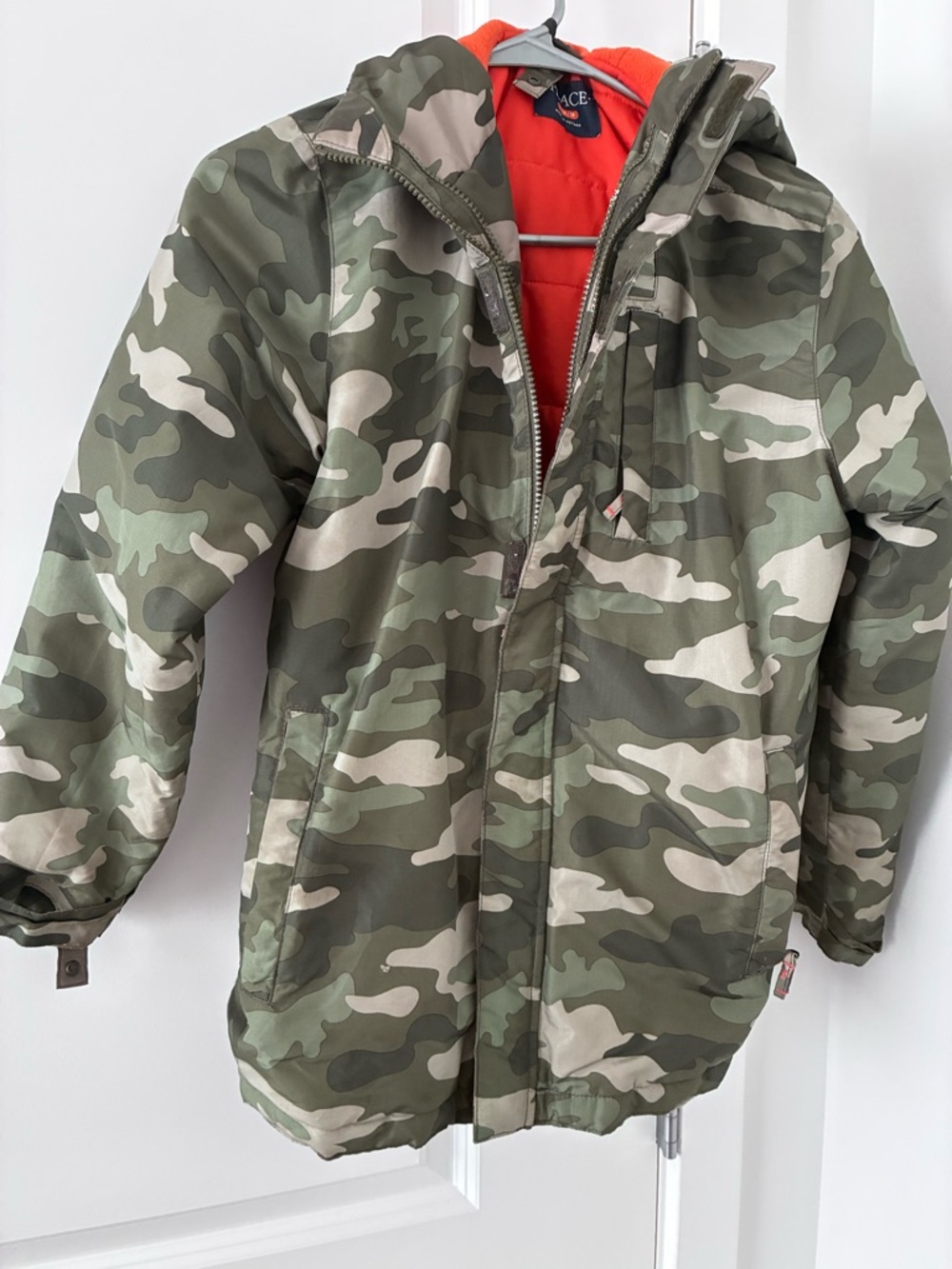 Childrens place  Olive Camo Hooded Jacket with Orange Lining.